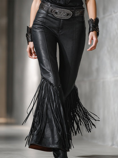 Western Black Faux Leather Flared Pants