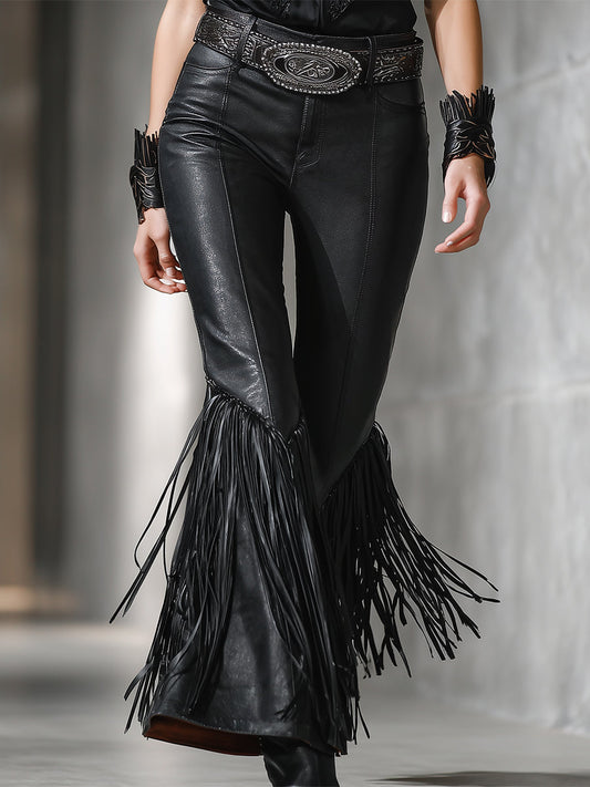 Western Black Faux Leather Flared Pants