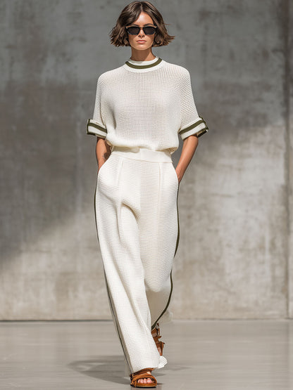 Vintage-Trimmed White Knitted Mesh Short-Sleeved Shirt And Wide-Leg Pants Set