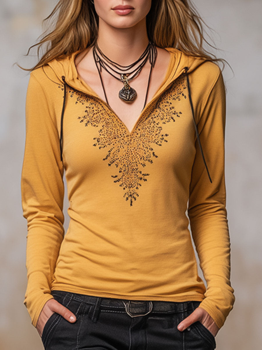 Casual Retro Rhinestone Yellow Cotton Long-Sleeve Hooded T-Shirt