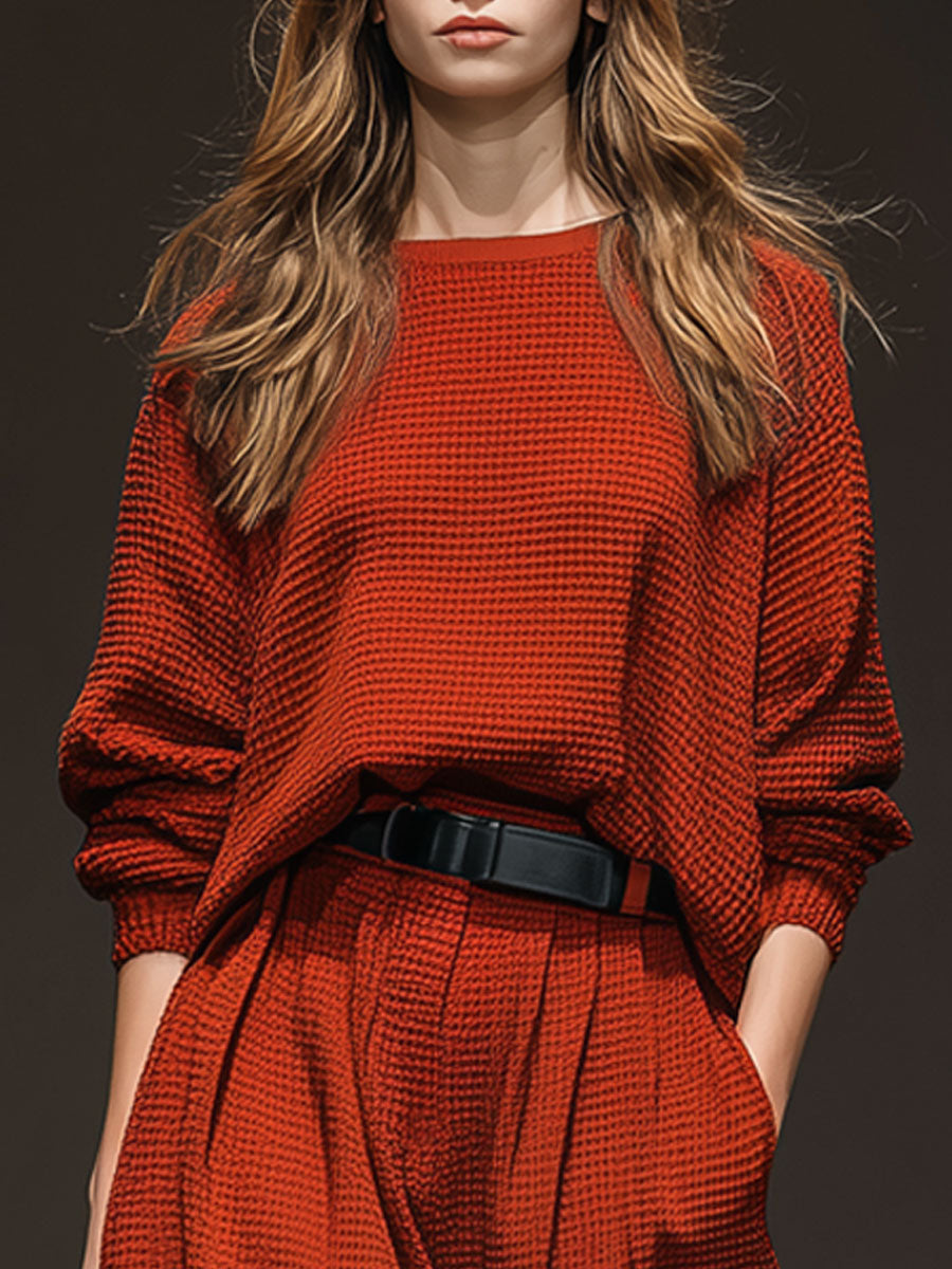 Casual Sporty Retro Red Waffle Knit Crew Neck Sweatshirt And Pants Set