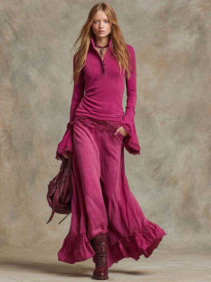 Vintage Lace-trimmed Fuchsia Distressed Cotton Polo Shirt And Ruffled Skirt Set