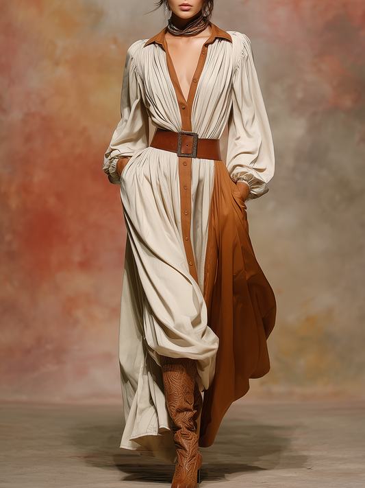 Retro-style Lapel Color-blocked Maxi Dress