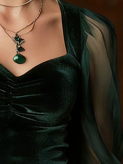 Vintage Green Velvet Sheer Sleeve Shirt