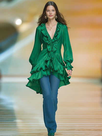 Casual And Stylish Ruffle Trim Green V-neck Satin Mini Dress