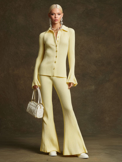 Trendy Retro Pale Yellow Long-sleeved Knit Cardigan And Flared Pants Set