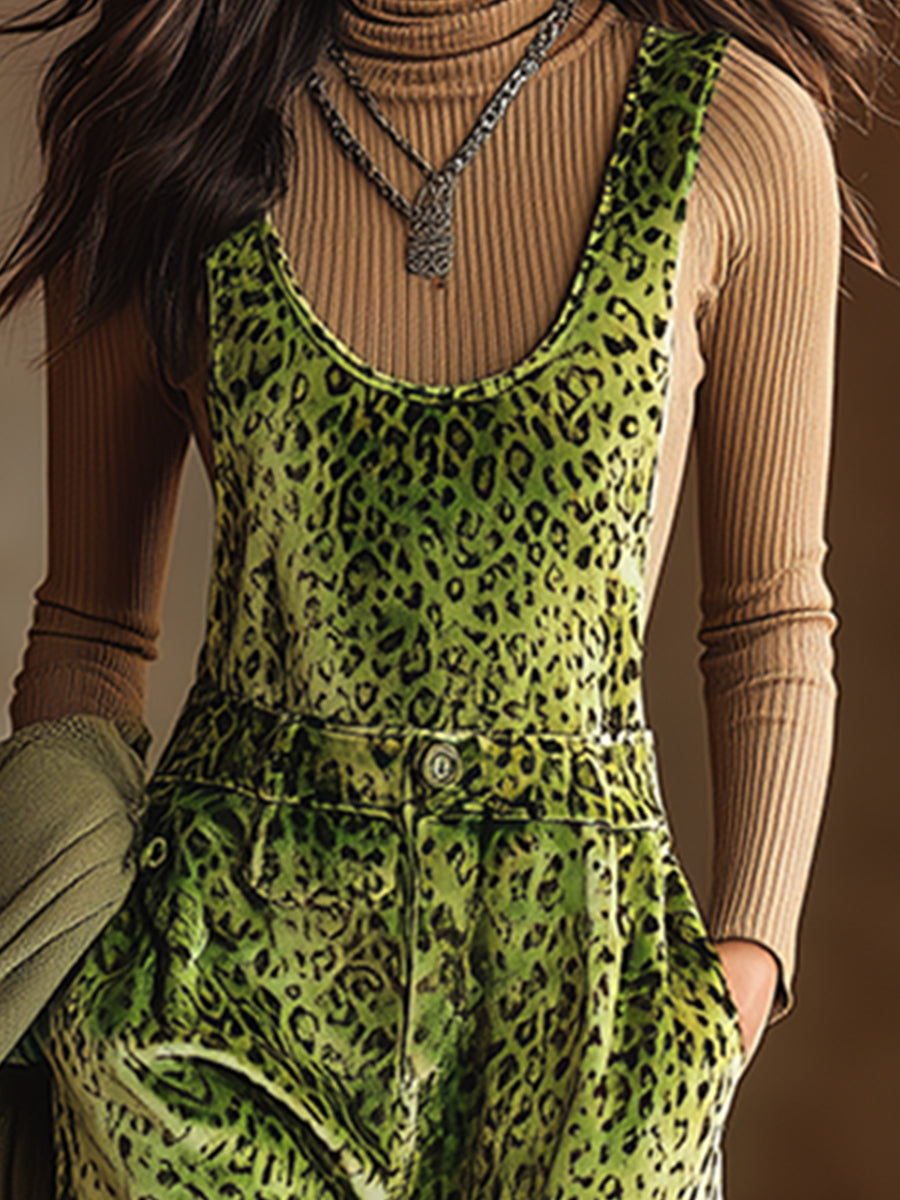 Trendy Urban Fluorescent Green Leopard Print Velvet Wide-leg Overalls