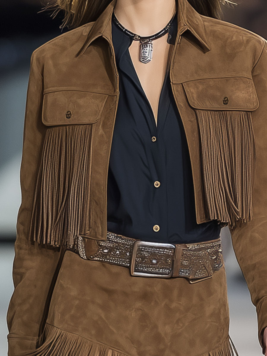 Brown Faux Suede Jacket And Skirt With Fringed Trim Set