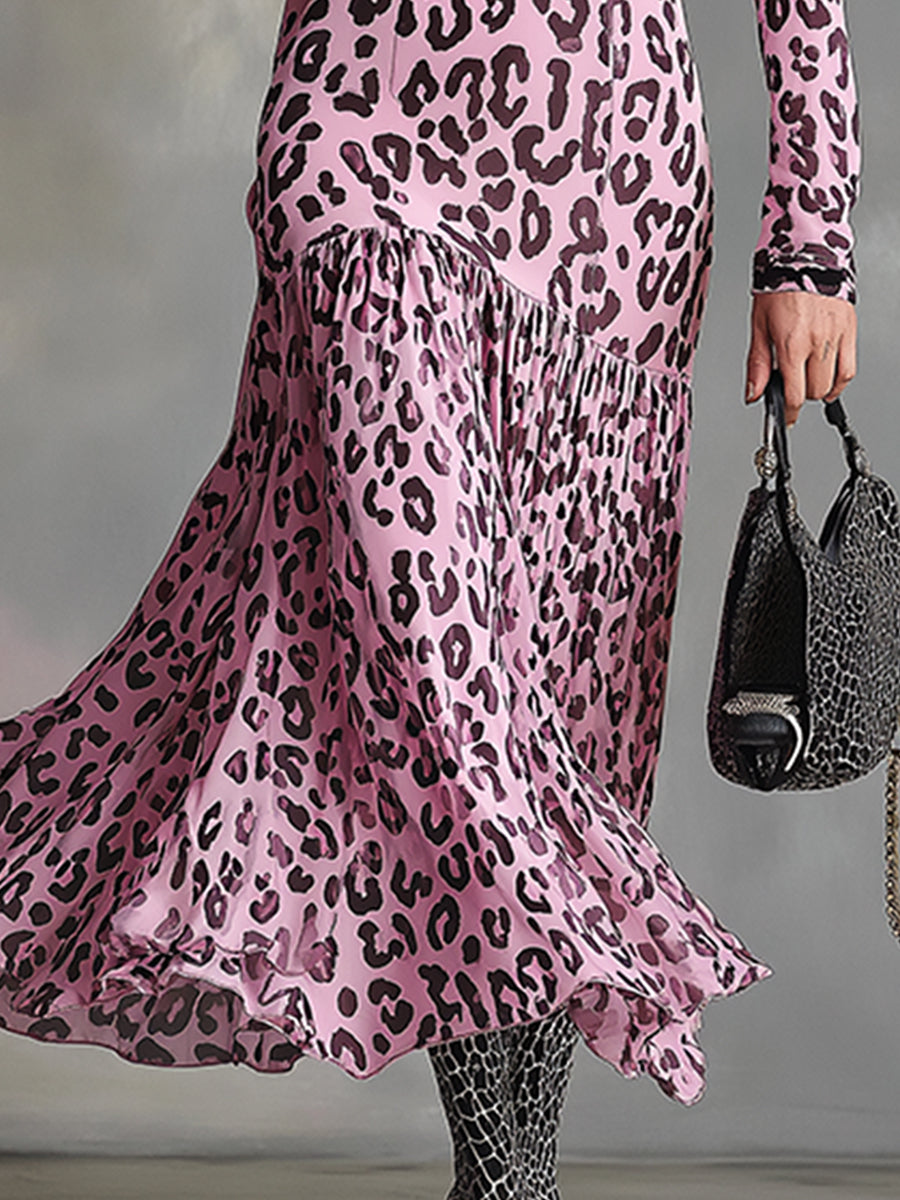 Stylish And Sexy Pink Leopard Print Chiffon Maxi Dress