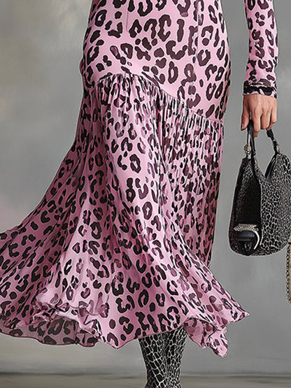Stylish And Sexy Pink Leopard Print Chiffon Maxi Dress