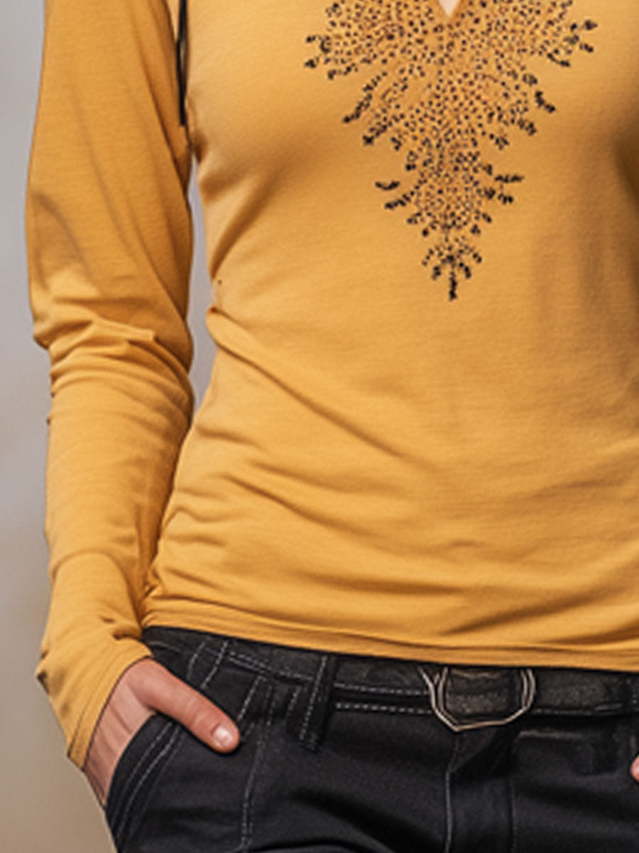 Casual Retro Rhinestone Yellow Cotton Long-Sleeve Hooded T-Shirt