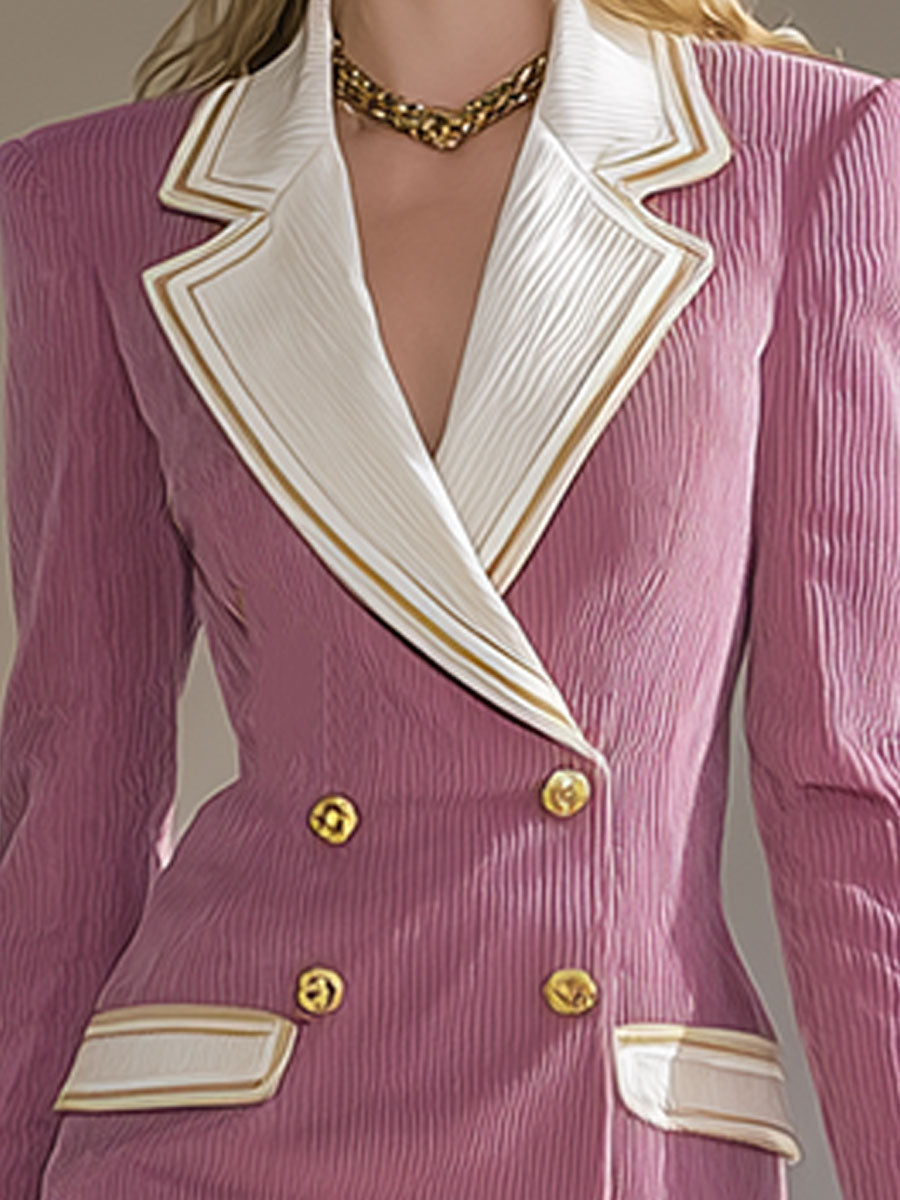 Stylish And Elegant White Collared Pink Double-breasted Corduroy Mini Dress