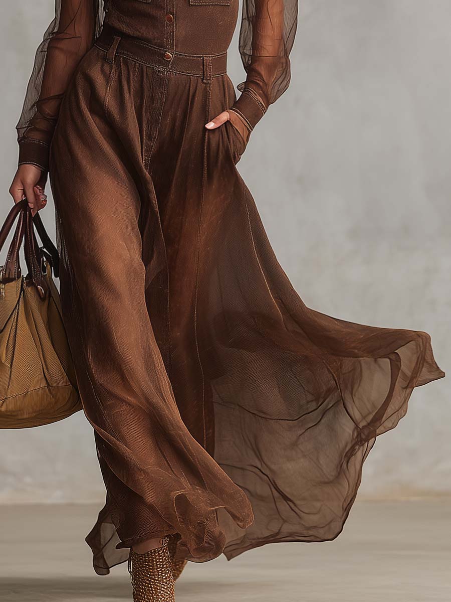 Vintage Western Front Button V-neck Long-sleeved Organza Stitching Brown Cotton Maxi Dress