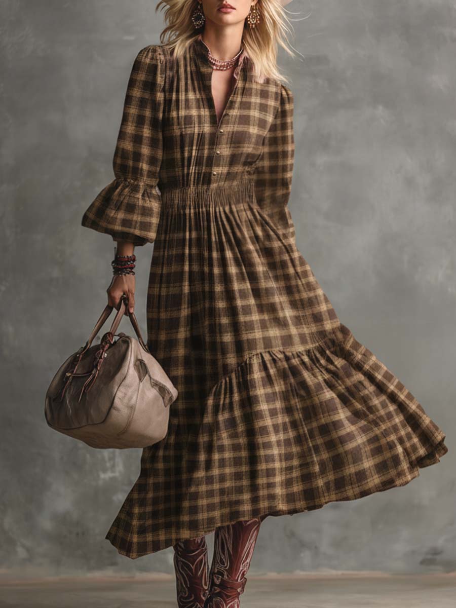 Vintage Western Countryside Lapel Front Button Bubble Hem Brown Plaid Midi Dress