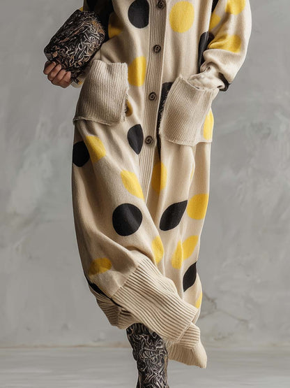 Vintage Fashion V-neck Front Button Yellow And Black Polka Dot Beige Knitted Dress Cardigan