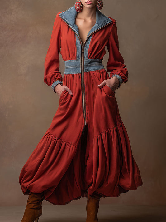 Casual Retro Zip-up Denim Patchwork Red Sweatshirt Dress With Tulip-shaped Maxi Dress