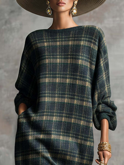 Vintage Fashion Loose-fitting Round Neck Green Plaid Midi Dress