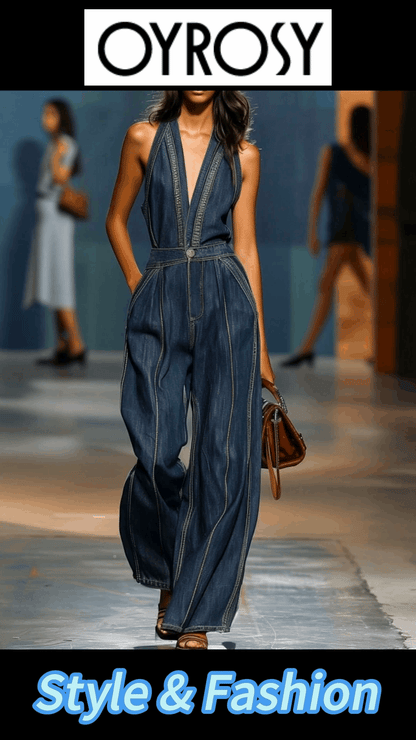 V-Neck Casual Retro Sleeveless Wide-Leg Denim Jumpsuit