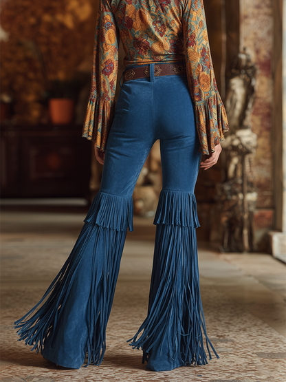 Trendy Retro Blue Double-layered Fringed Faux Suede Pants