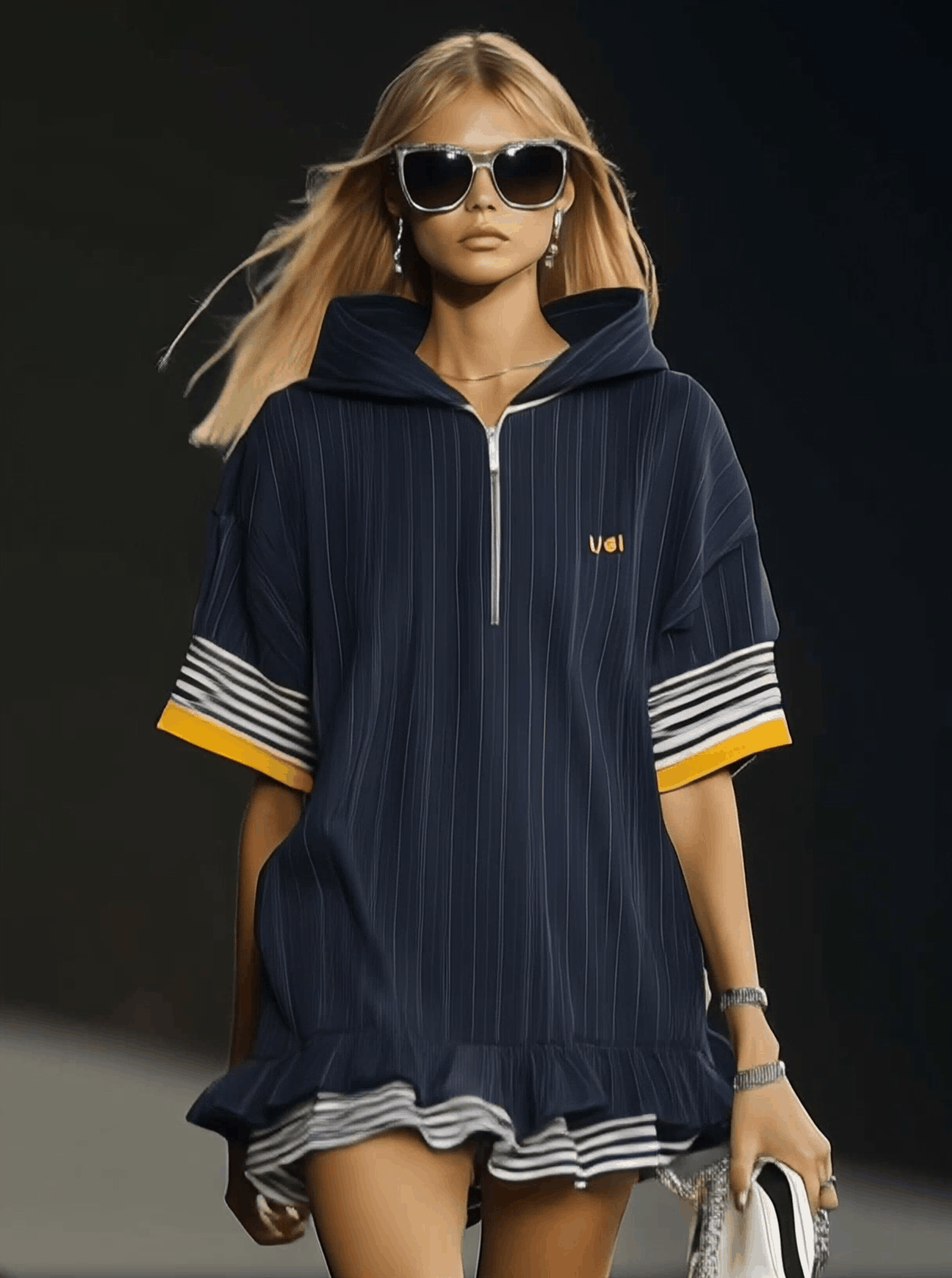 Casual Ultra-loose Front Zipper Short-sleeved Ruffled Hem Navy Blue Hoodie Style Mini Dress