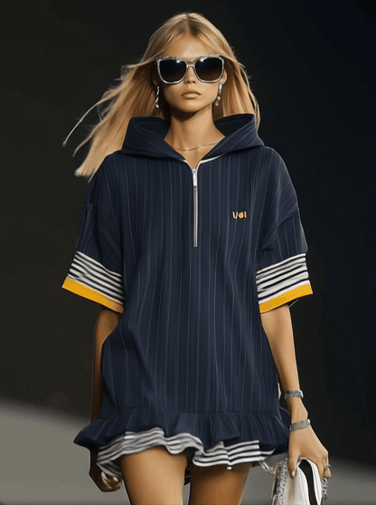 Casual Ultra-loose Front Zipper Short-sleeved Ruffled Hem Navy Blue Hoodie Style Mini Dress