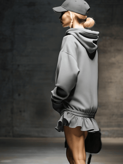 Casual And Fashionable Hooded Elastic Hem Gray Sweatshirt Mini Dress