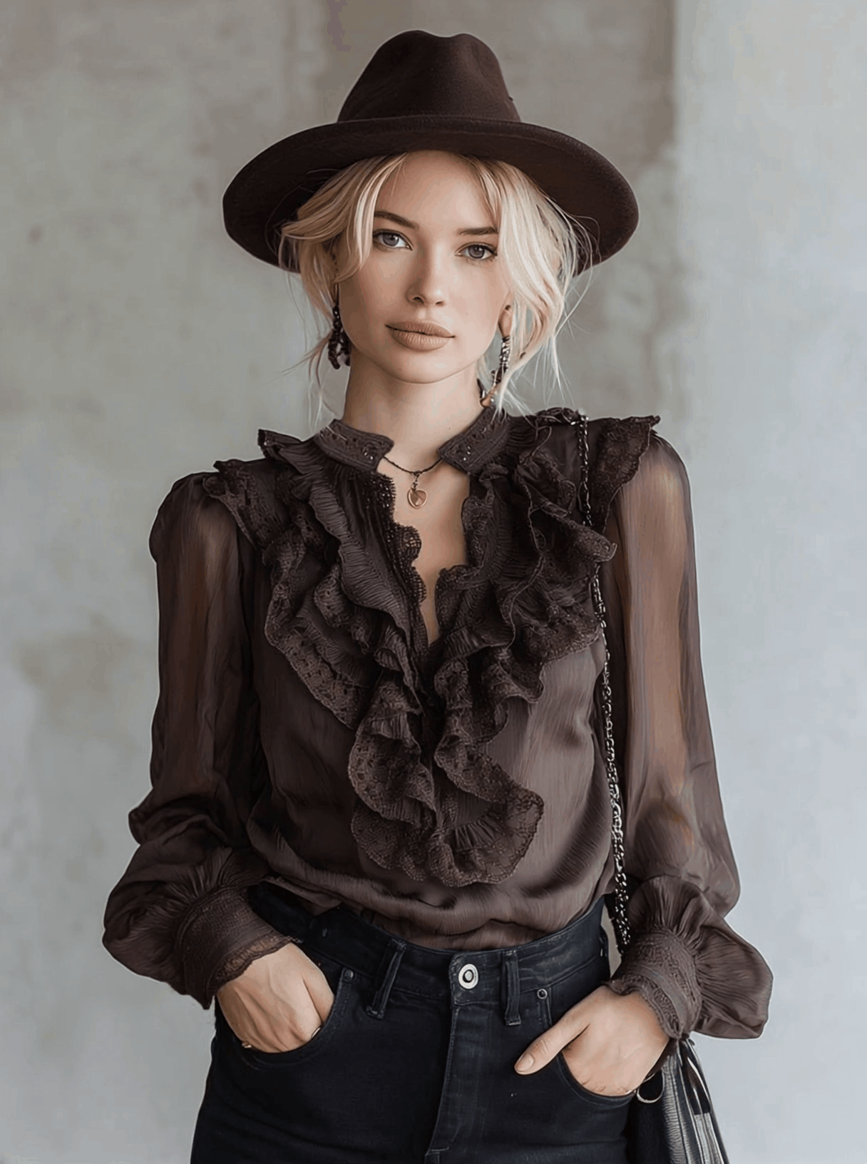 Stylish Brown Ruffled Chiffon Long-Sleeved Shirt