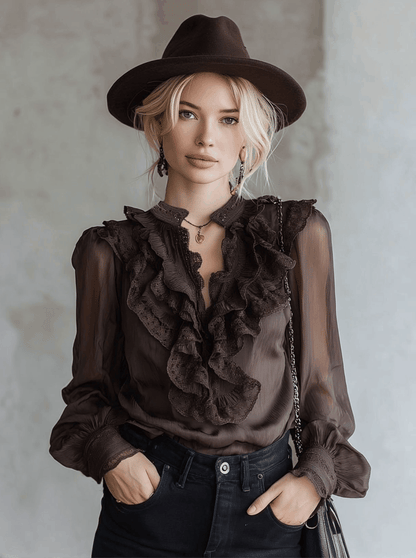 Stylish Brown Ruffled Chiffon Long-Sleeved Shirt