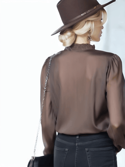 Stylish Brown Ruffled Chiffon Long-Sleeved Shirt