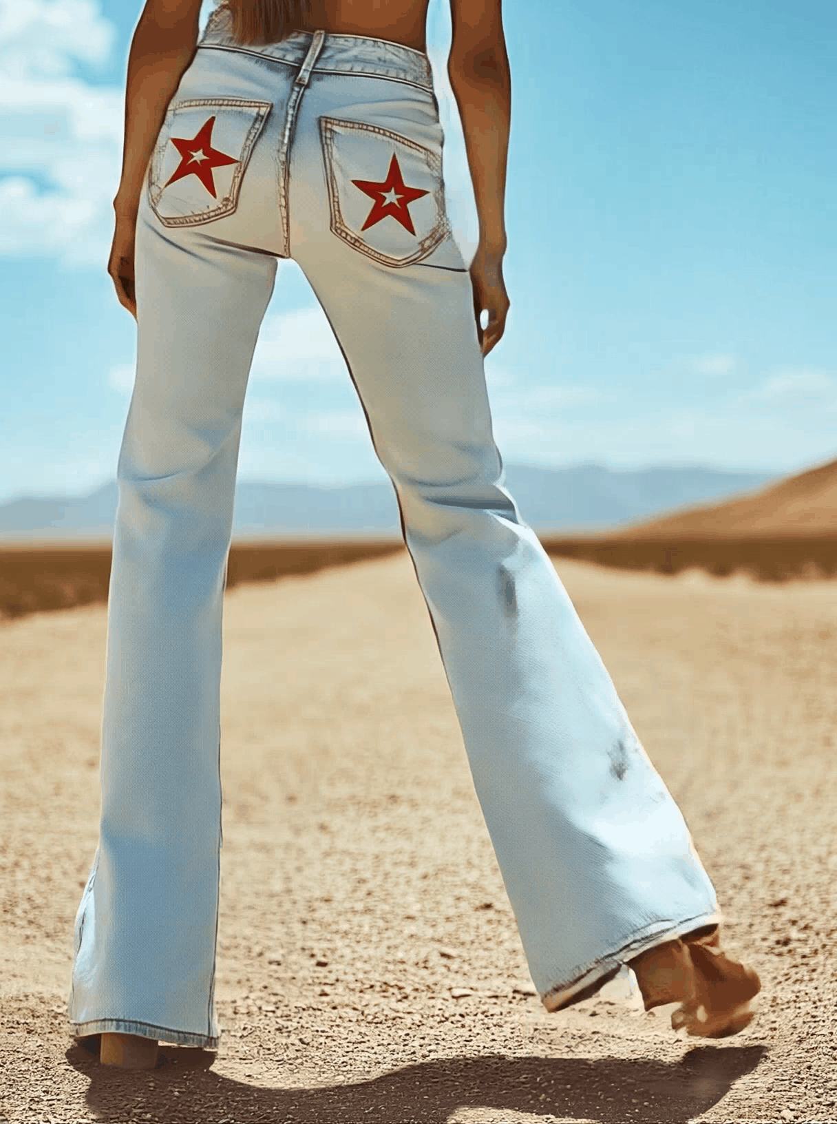 Vintage Back Pocket Star Embroidery Denim Flared Pants
