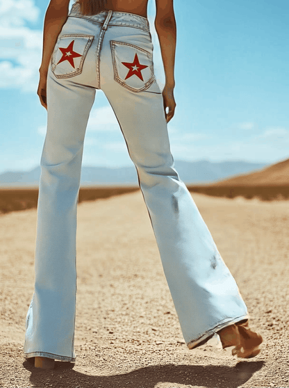 Vintage Back Pocket Star Embroidery Denim Flared Pants