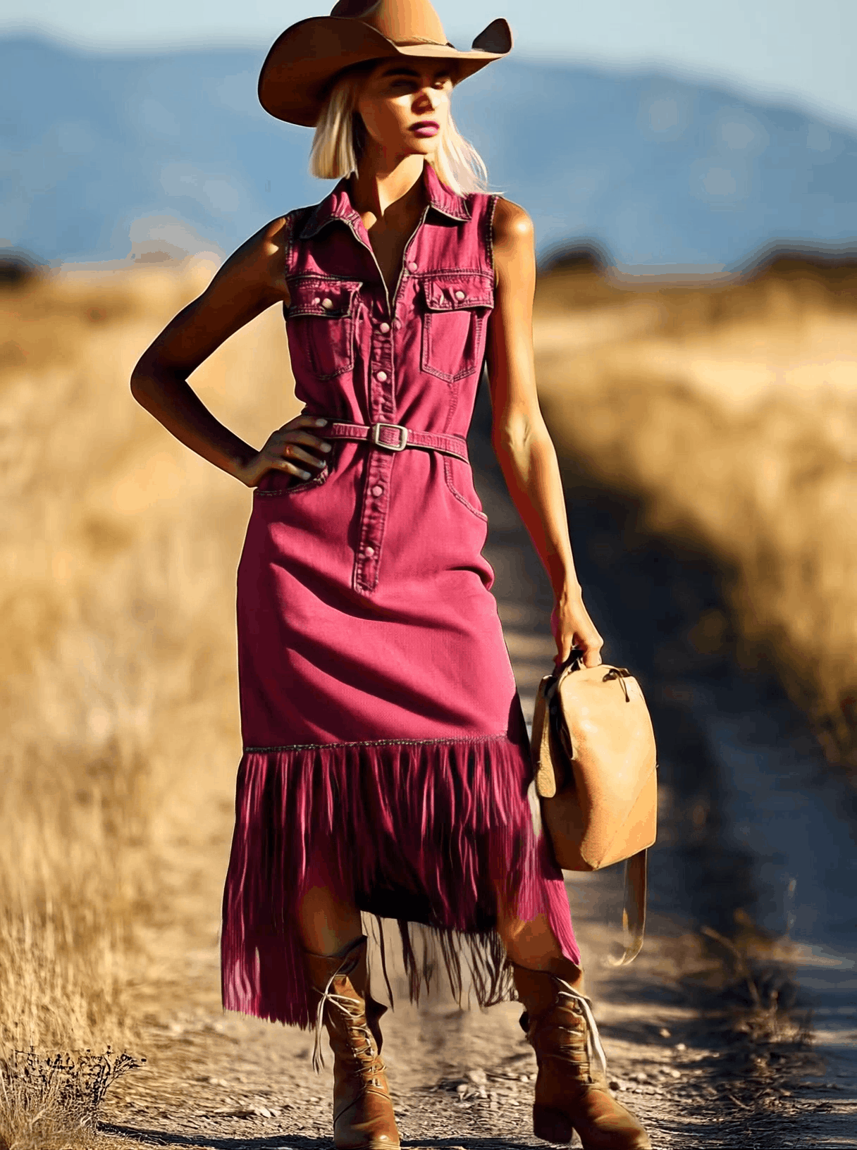 Casual Retro Fuchsia Denim Sleeveless Shirt Tassel Lace-up Midi Dress