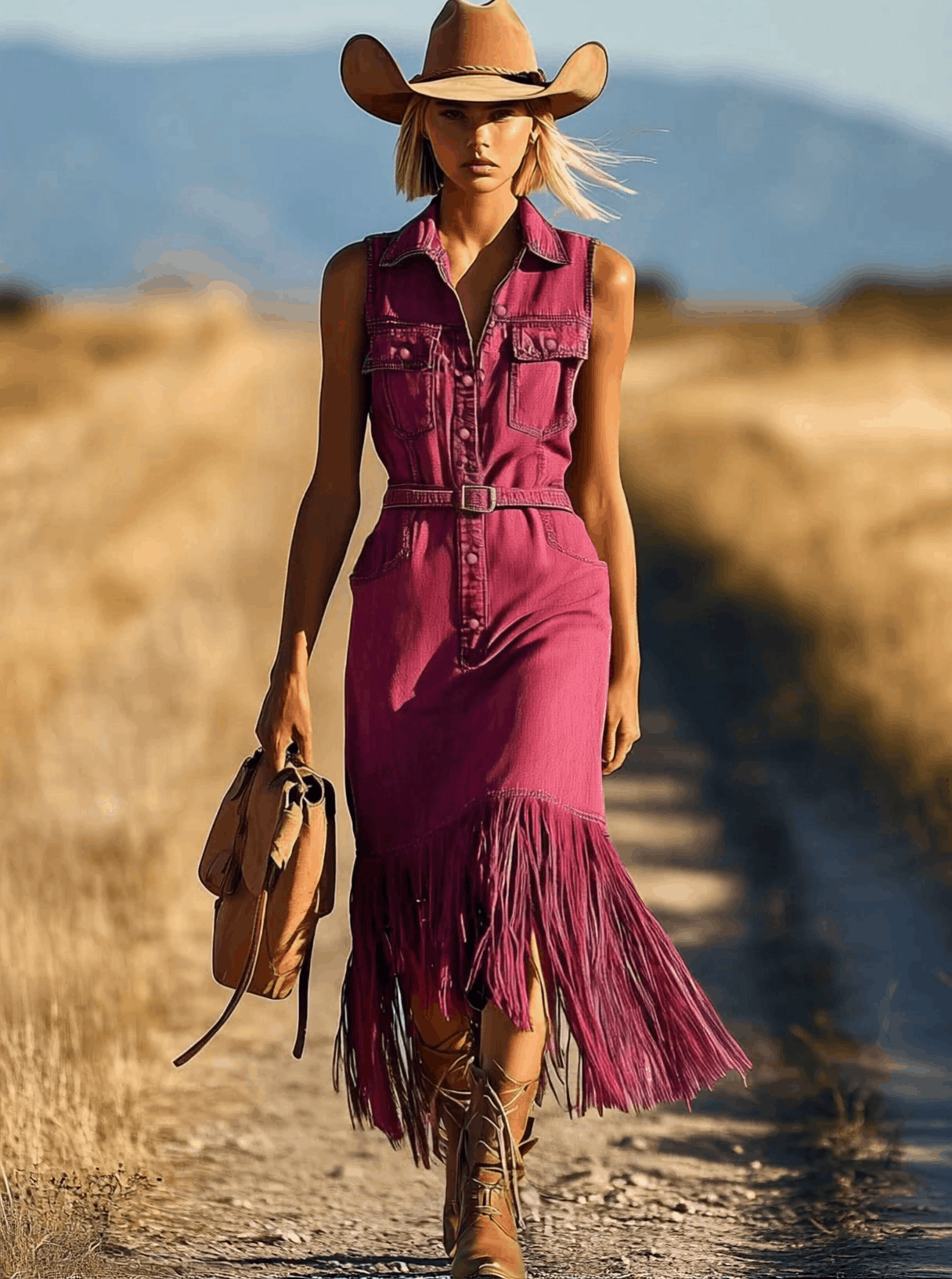 Casual Retro Fuchsia Denim Sleeveless Shirt Tassel Lace-up Midi Dress