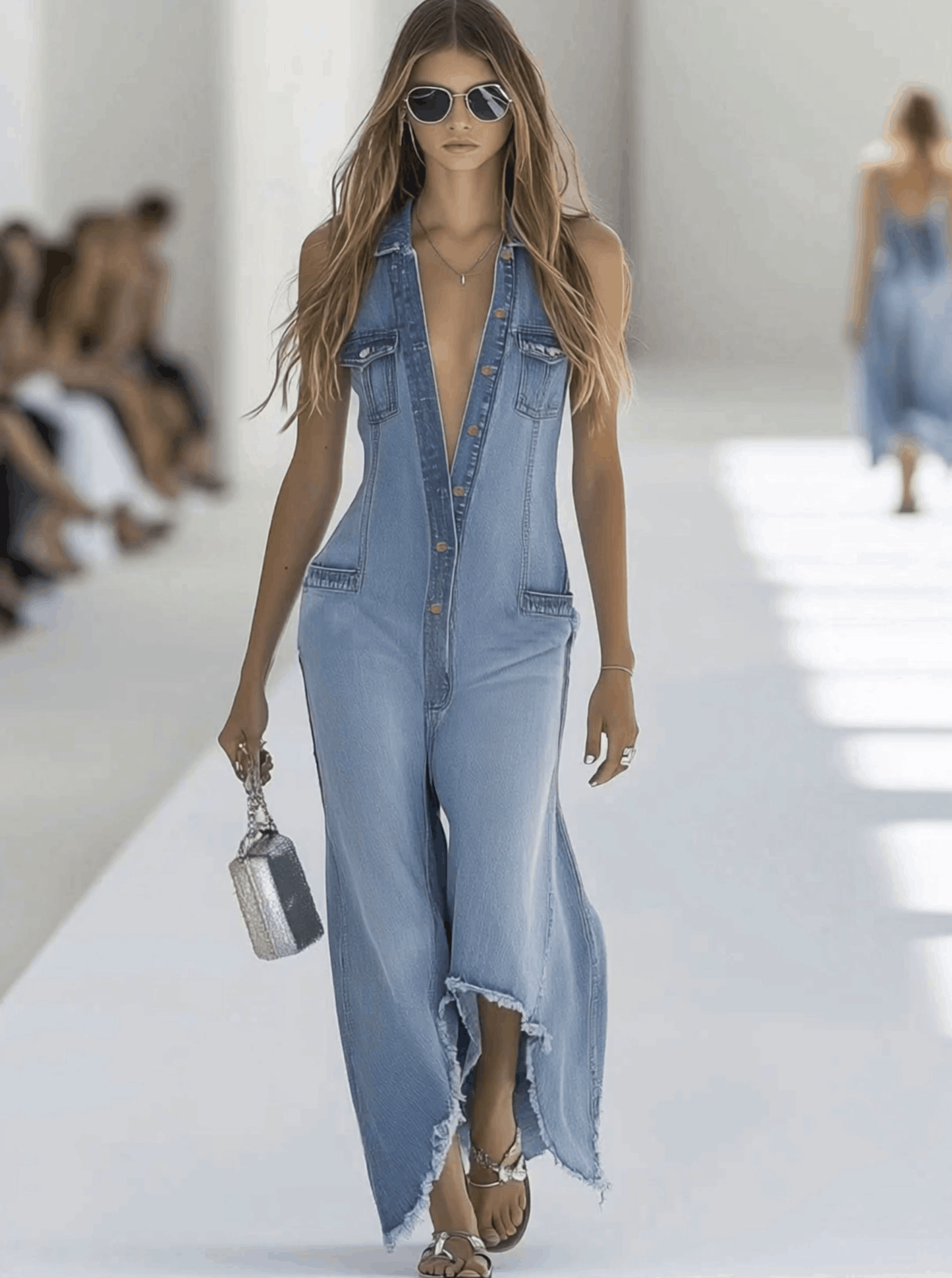 Western Retro Light Blue Denim Sleeveless Raw Edge Wide Leg Zipper Jumpsuit