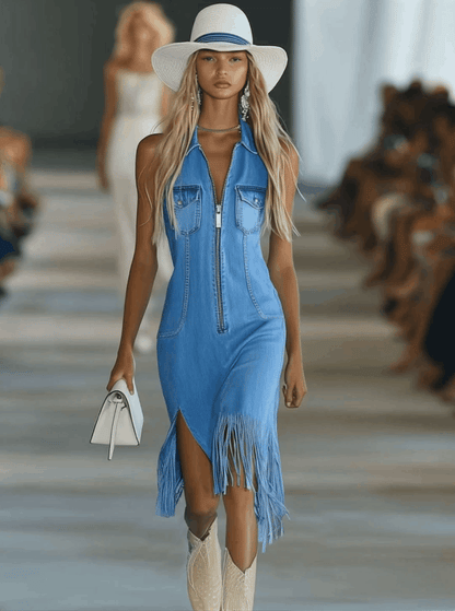 Vintage Blue Denim Zipper Pocket Slit Tassel Sleeveless Midi Dress