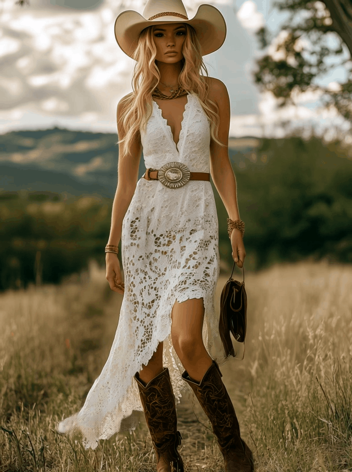 Vintage Elegant Western White Lace Bias Cut Maxi Dress