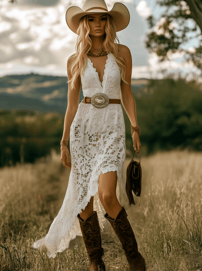 Vintage Elegant Western White Lace Bias Cut Maxi Dress