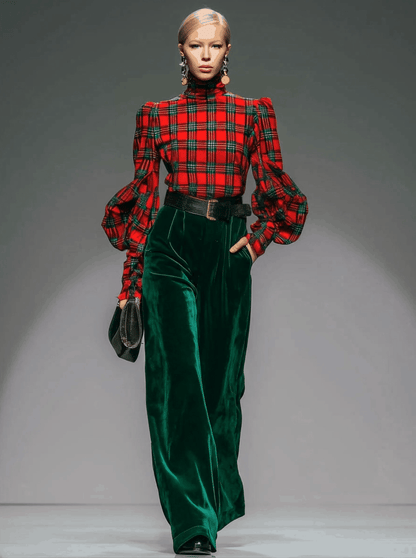 Trendy Retro Plaid Velvet Turtleneck Long-sleeved T-shirt And Wide-leg Pants Set