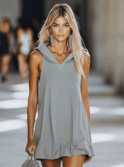 Casual Fashion Loose Grey Sleeveless Hoodie Style Mini Dress