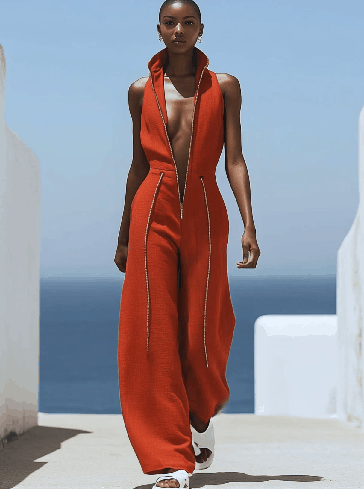 Casual Retro Red Cotton and Linen Zipper Sleeveless Elastic Waist Wide Leg Jumpsuit