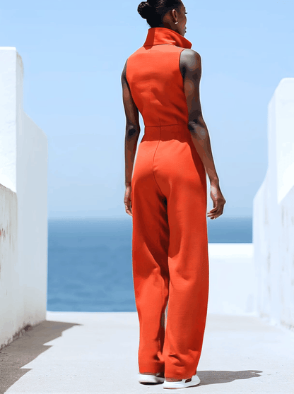 Casual Retro Red Cotton and Linen Zipper Sleeveless Elastic Waist Wide Leg Jumpsuit