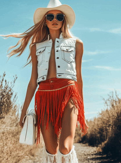Western Retro Red Washed Cotton Ribbon Tassel Shorts