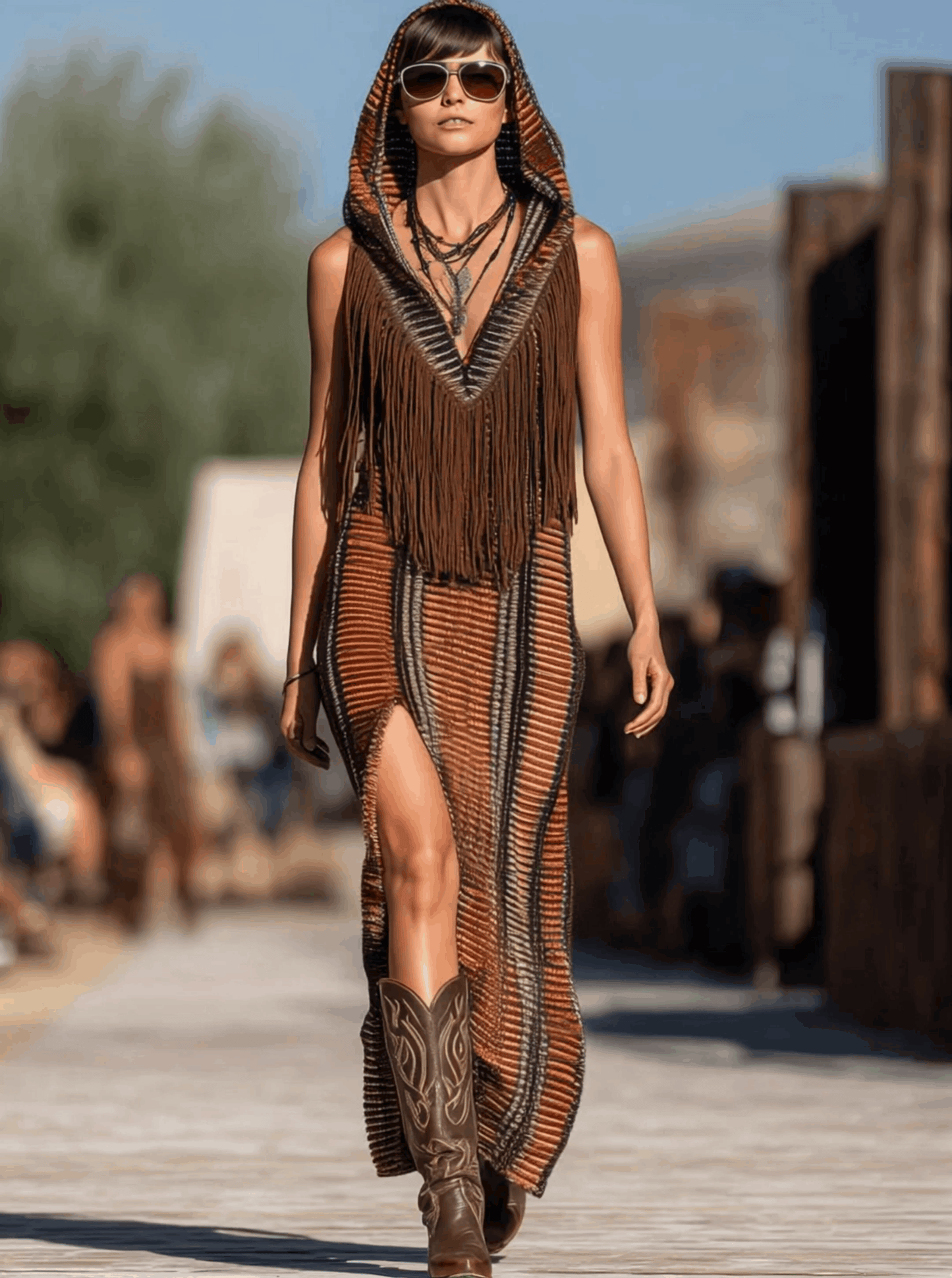 Western Retro Colorful Striped Knitted Tassel Hooded Slit Maxi Dress