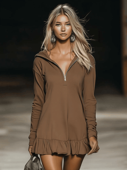 Casual Fashion Loose Brown Long Sleeve Ruffle Hem Hooded Mini Dress