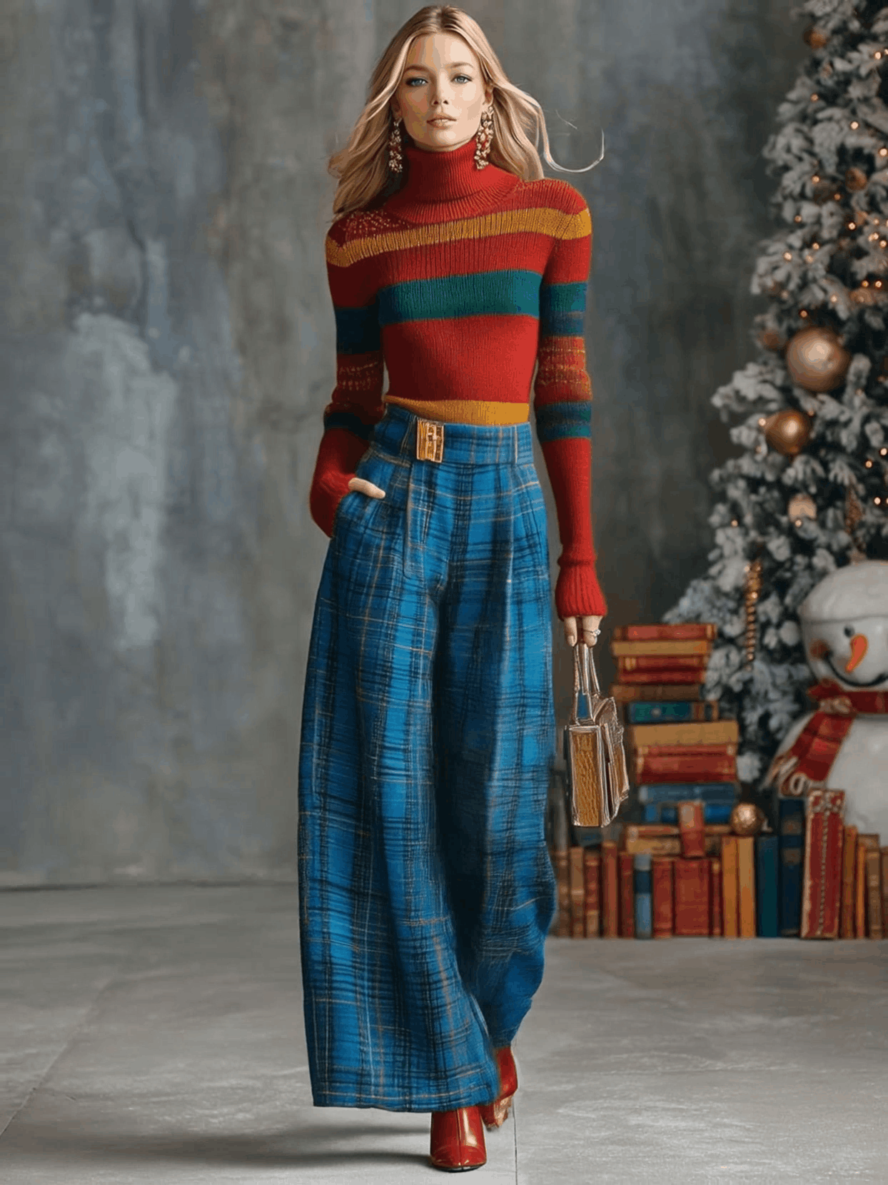 Vintage Fashion Versatile Blue Plaid Wide-leg Pants