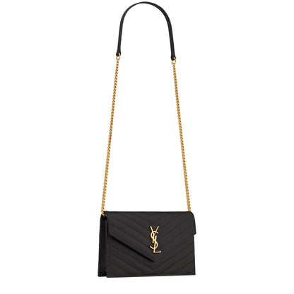 Saint Laurent Cassandre Matelasse Black Envelope Chain Wallet