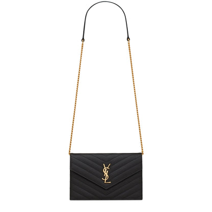 Saint Laurent Cassandre Matelasse Black Envelope Chain Wallet