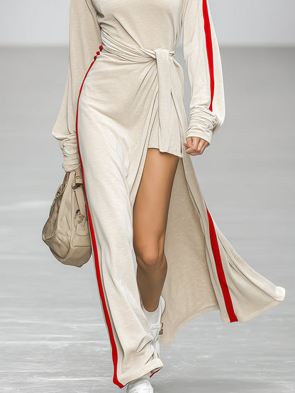 Casual And Stylish Red Trim Beige Sporty Maxi Dress