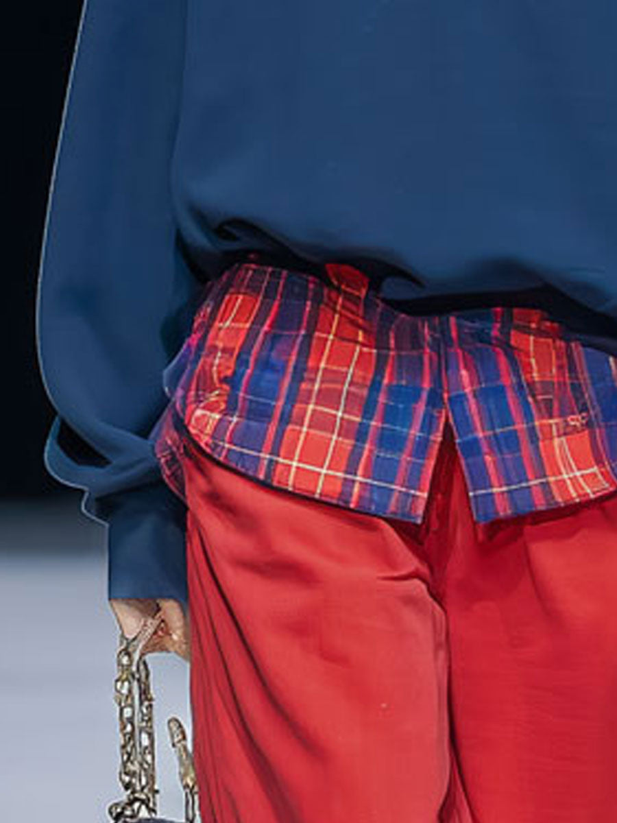 Casual Retro-style Two-piece Red Plaid Shirt With Half-zip And Dark Blue Sweatshirt