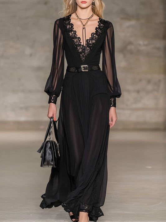 Stylish And Classic Black Chiffon And Lace Maxi Dress